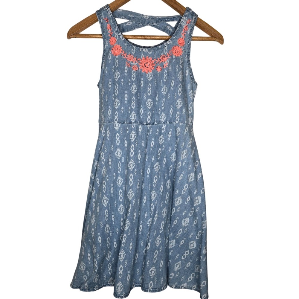 Justice Sleeveless Dress Kids 12 Blue Geometric Boho Floral‎ Embroidered Core
